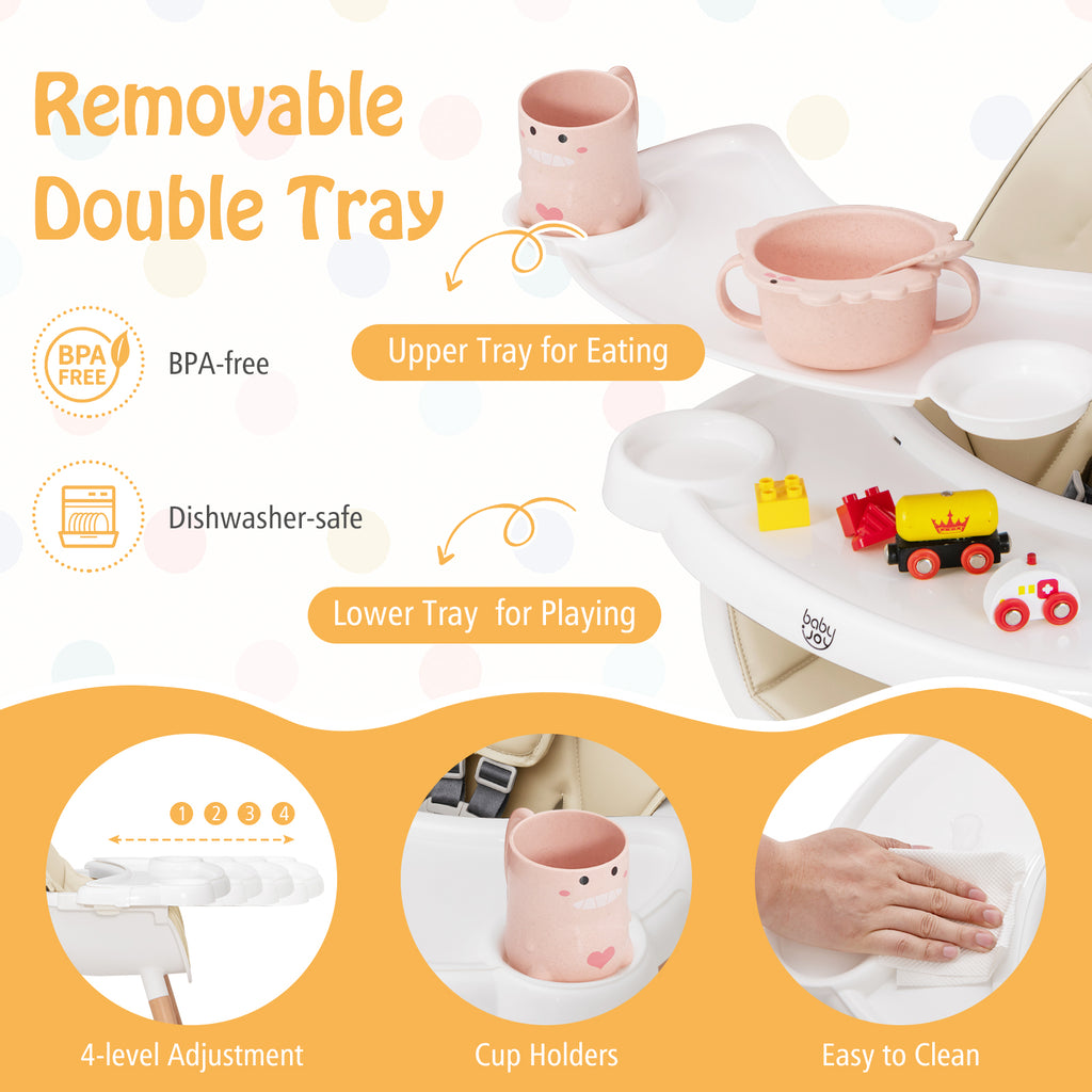 Beige Baby High Chair with Dishwasher Safe Tray - Adjustable & Secure