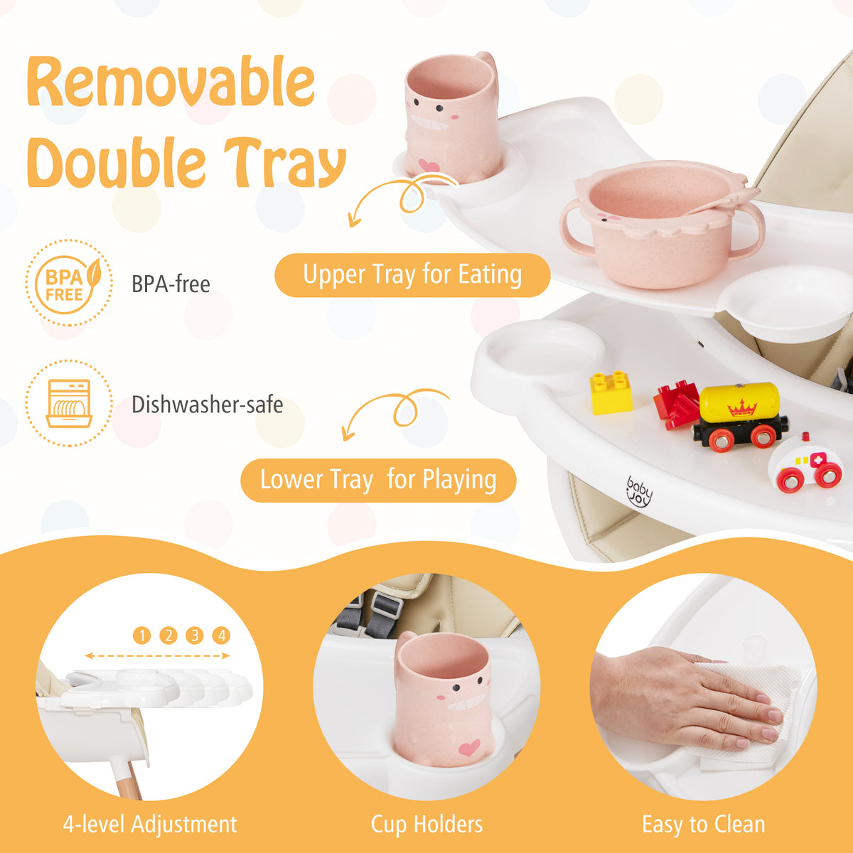 Beige Baby High Chair with Dishwasher Safe Tray - Adjustable & Secure