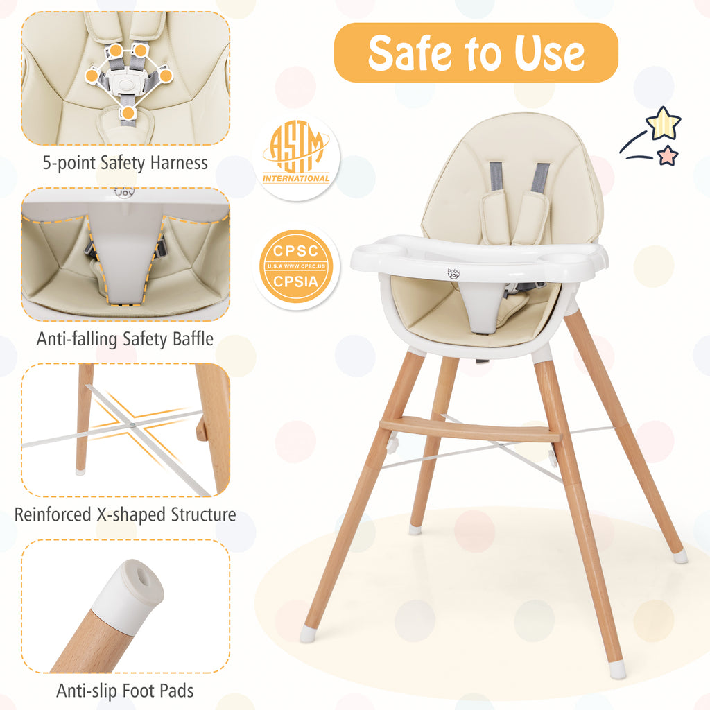 Beige Baby High Chair with Dishwasher Safe Tray - Adjustable & Secure
