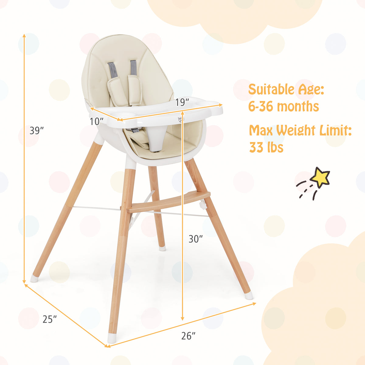 Beige Baby High Chair with Dishwasher Safe Tray - Adjustable & Secure