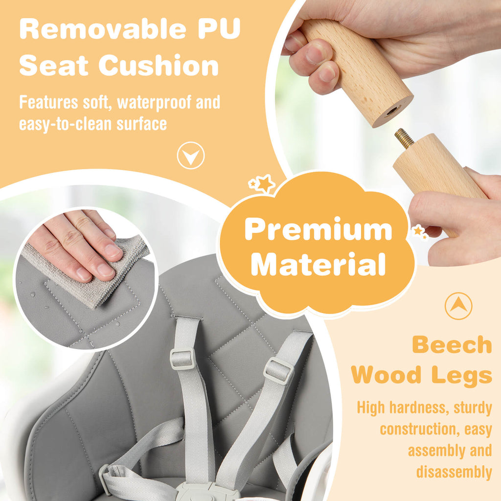 6-in-1 Convertible Baby High Chair with Safety Harness & Removable Tray - White
