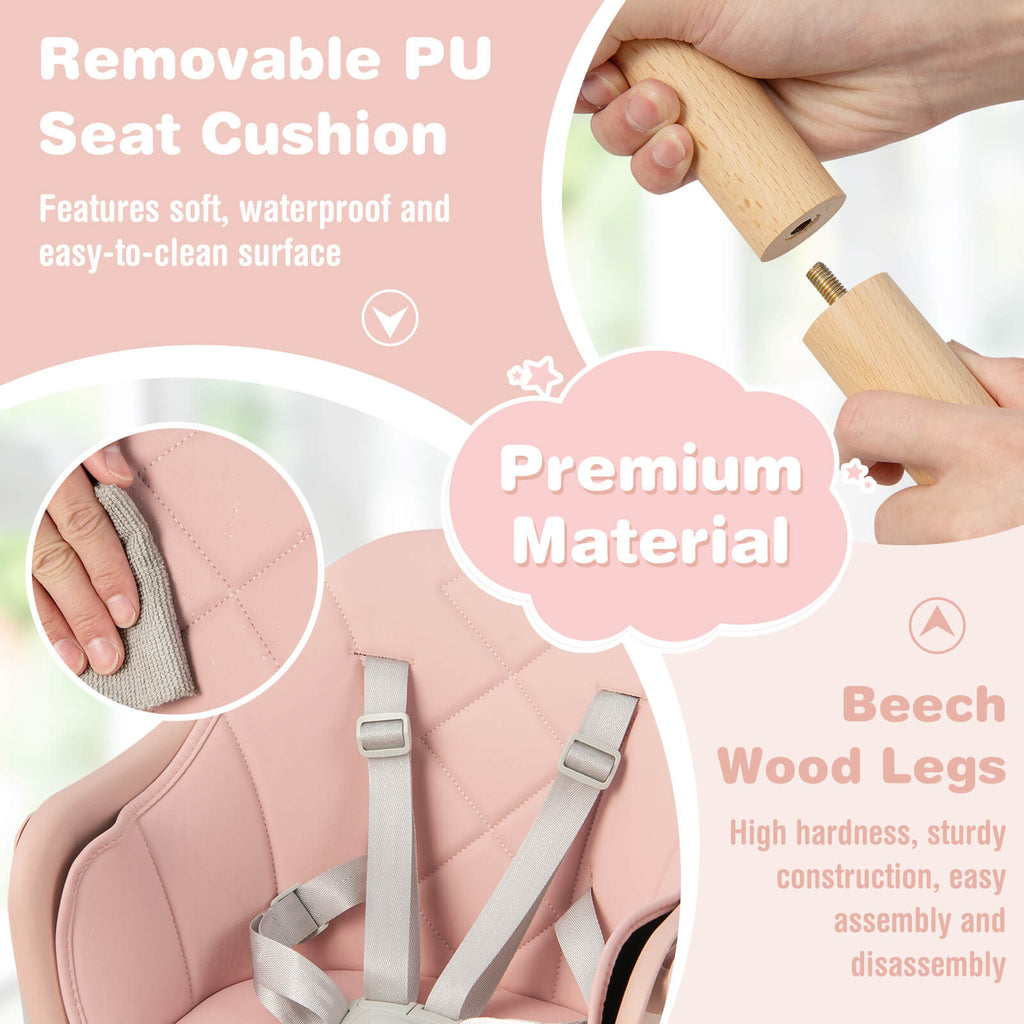 6-in-1 Convertible Baby Highchair with Safety Harness & Removable Tray - Pink