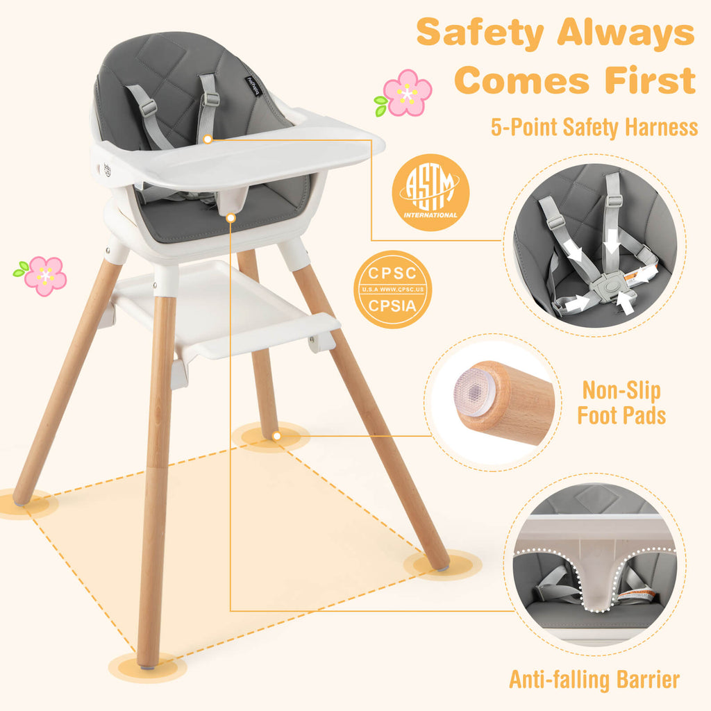 6-in-1 Convertible Baby High Chair with Safety Harness & Removable Tray - White