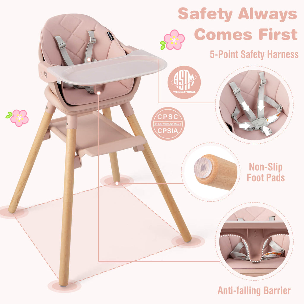 6-in-1 Convertible Baby Highchair with Safety Harness & Removable Tray - Pink