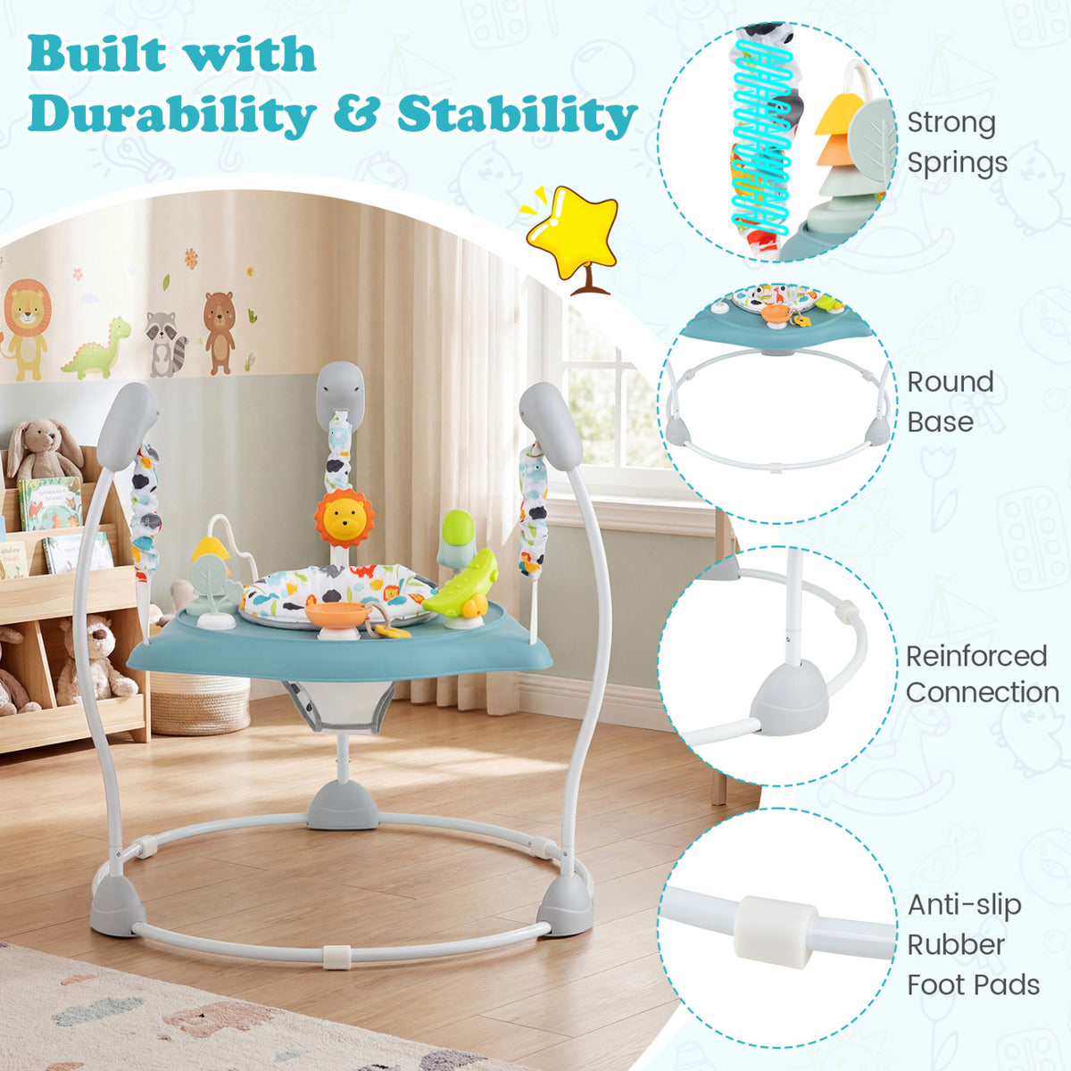 Baby Jump and Play Activity Center with Rotatable Seat and 6 Lights & Music Toys - Blue