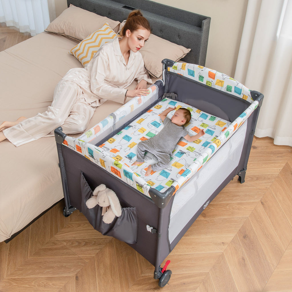5-in-1 Foldable Baby Playpen Bedside Crib with Music Box - Gray - Costway