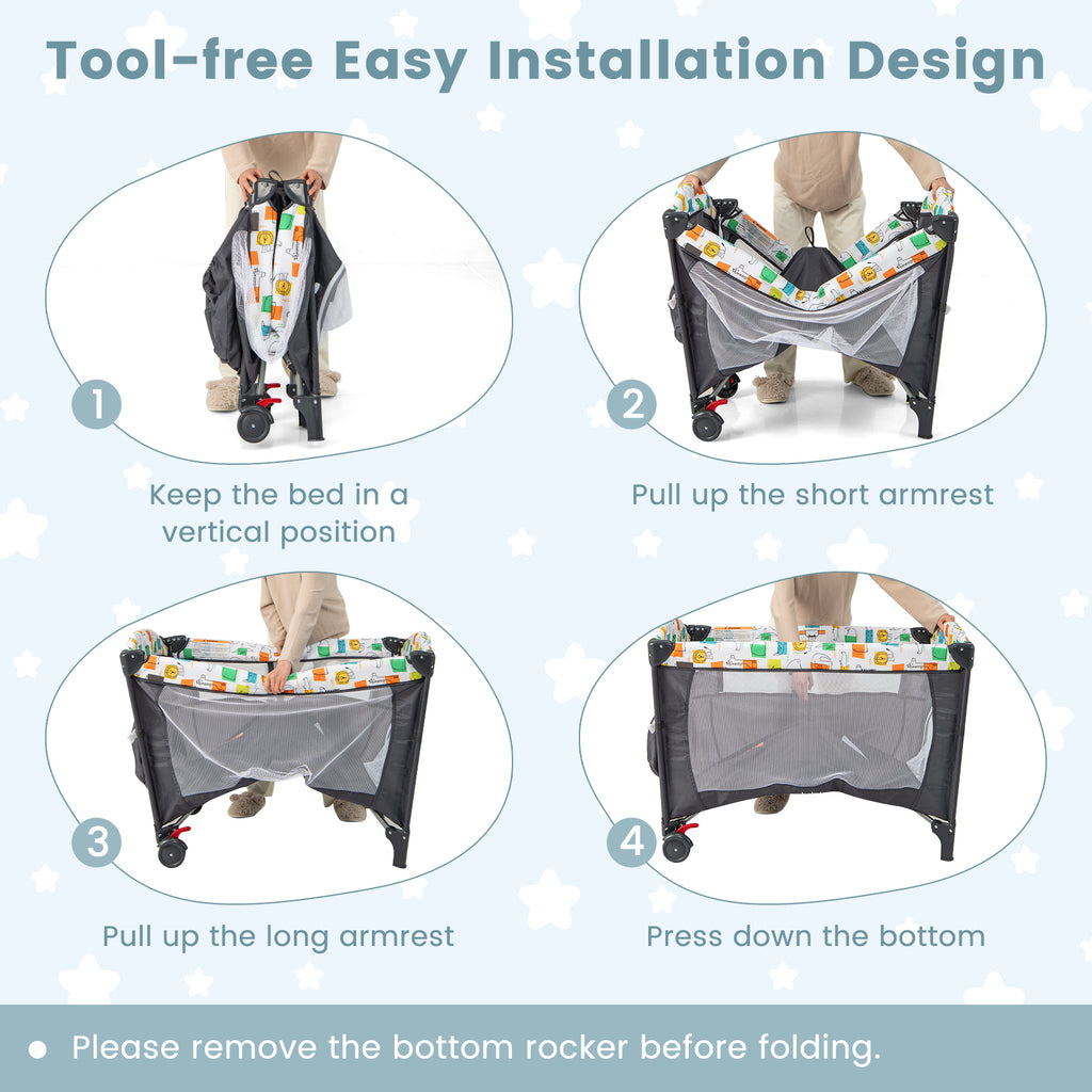 5-in-1 Foldable Baby Playpen Bedside Crib with Music Box - Gray - Costway