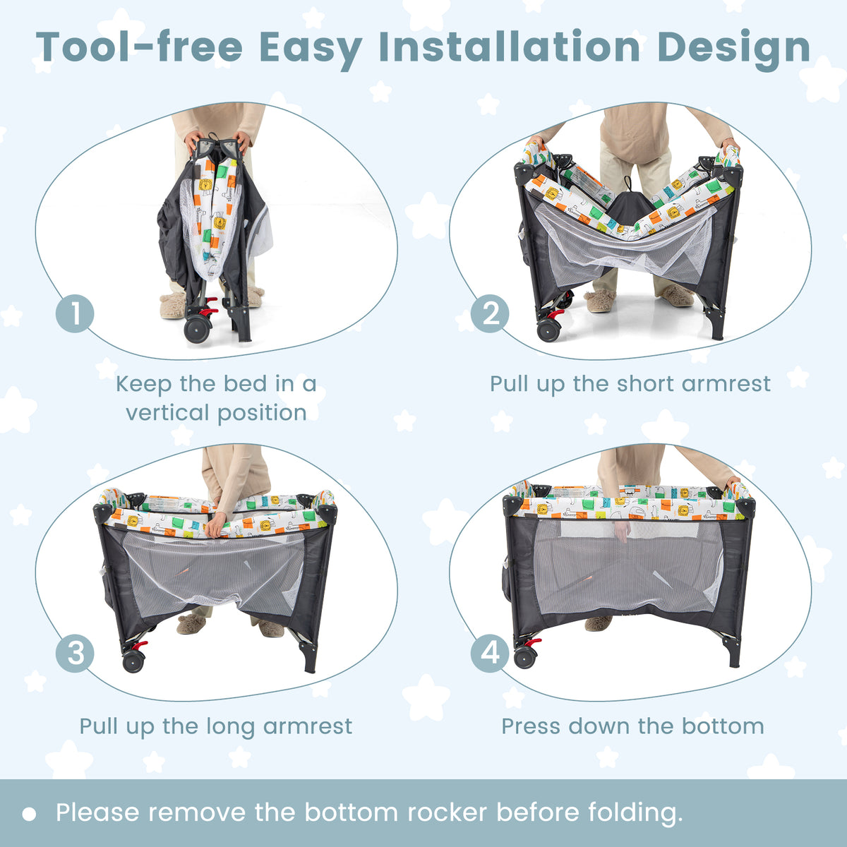 5-in-1 Foldable Baby Playpen Bedside Crib with Music Box - Gray - Costway