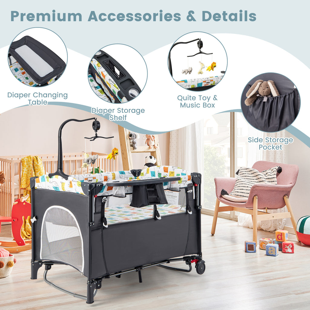 5-in-1 Foldable Baby Playpen Bedside Crib with Music Box - Gray - Costway