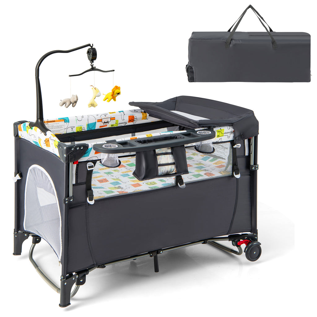 5-in-1 Foldable Baby Playpen Bedside Crib with Music Box - Gray - Costway