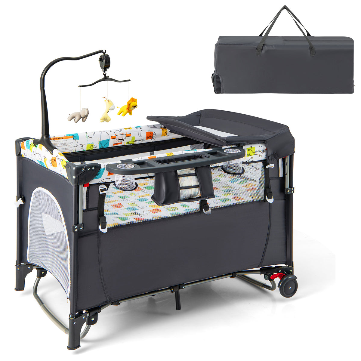 5-in-1 Foldable Baby Playpen Bedside Crib with Music Box - Gray - Costway