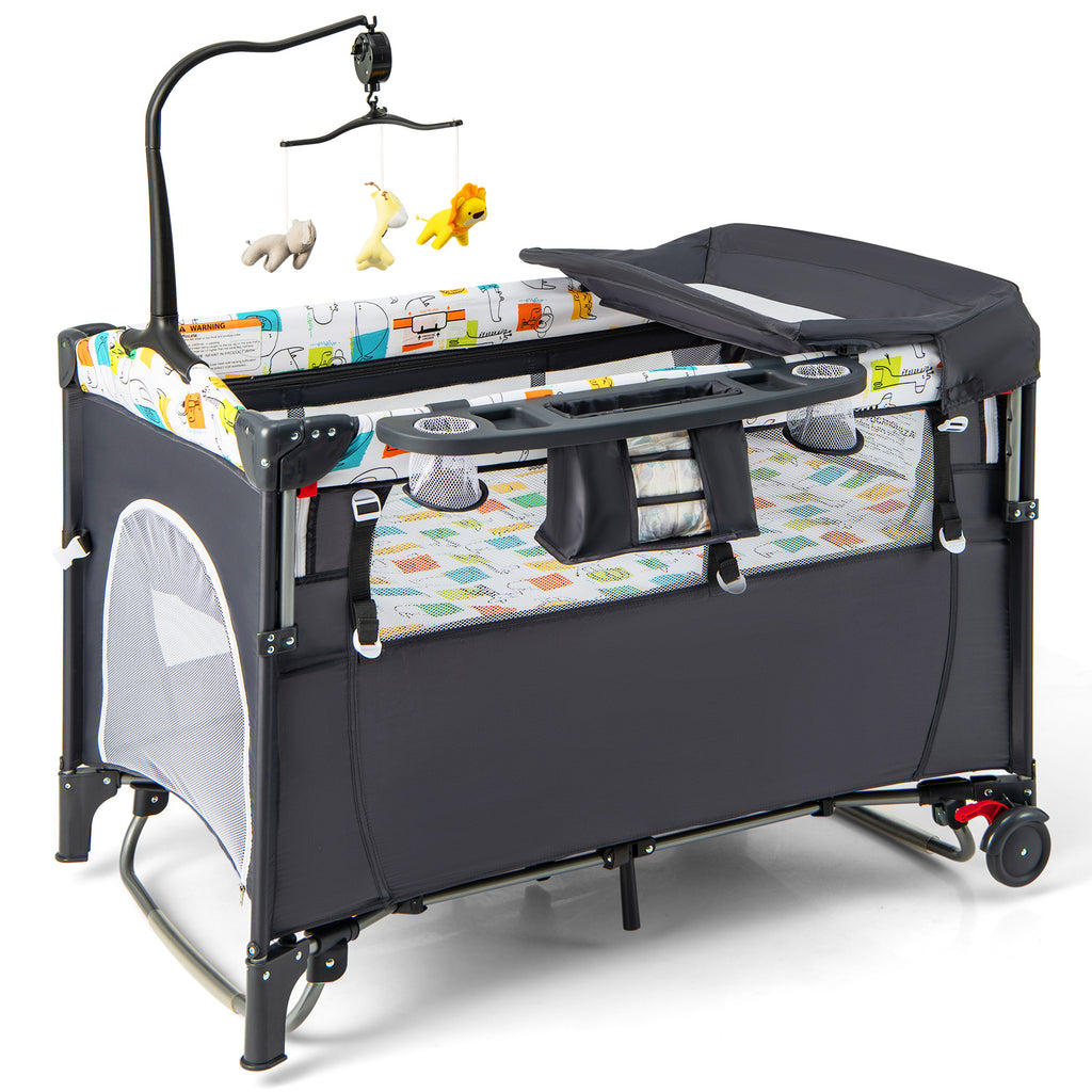 5-in-1 Foldable Baby Playpen Bedside Crib with Music Box - Gray - Costway