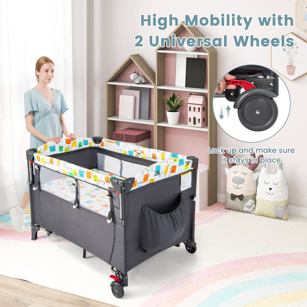 5-in-1 Foldable Baby Playpen Bedside Crib with Music Box - Gray - Costway