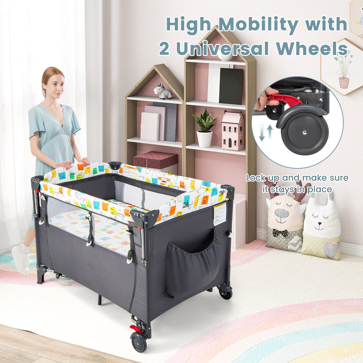 5-in-1 Foldable Baby Playpen Bedside Crib with Music Box - Gray - Costway