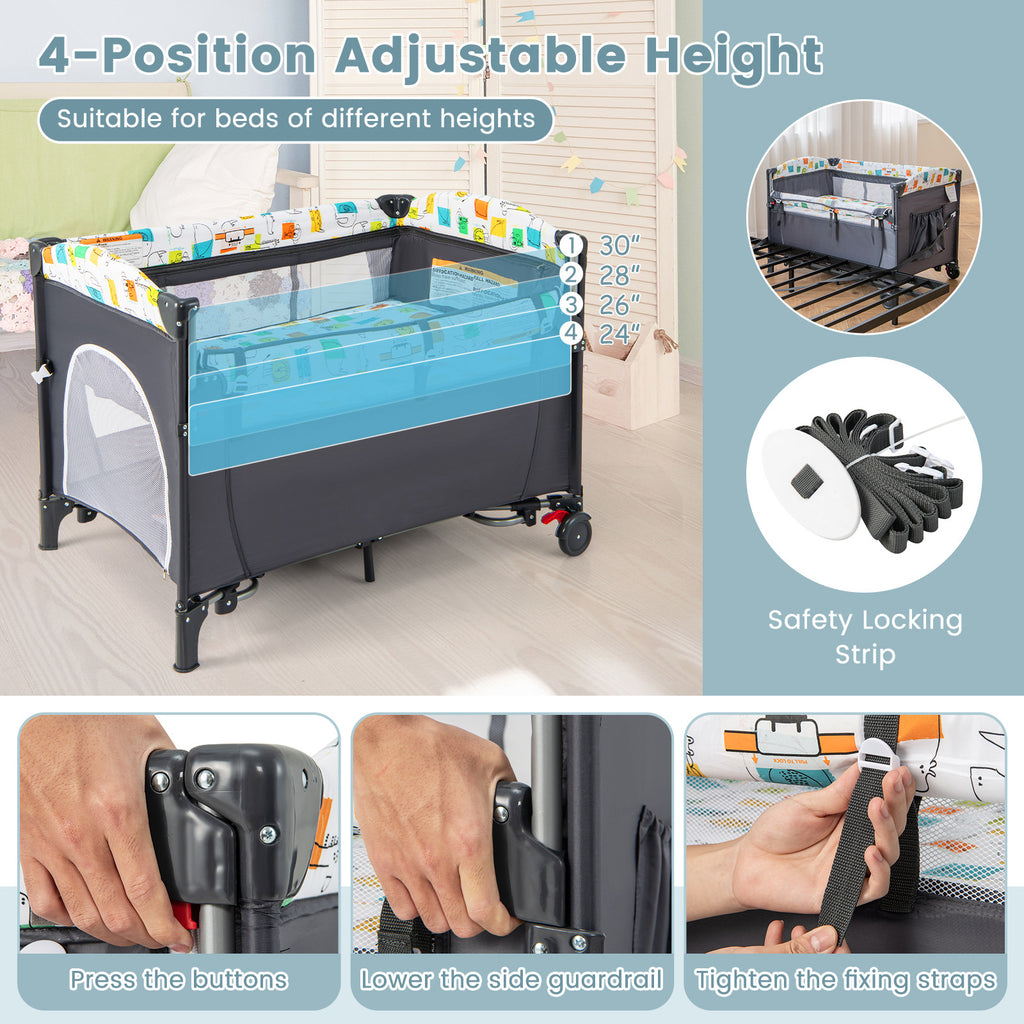 5-in-1 Foldable Baby Playpen Bedside Crib with Music Box - Gray - Costway