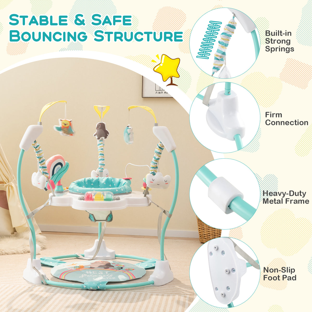Height Adjustable Baby Bouncing Saucer with Interactive Toys - Blue Variation