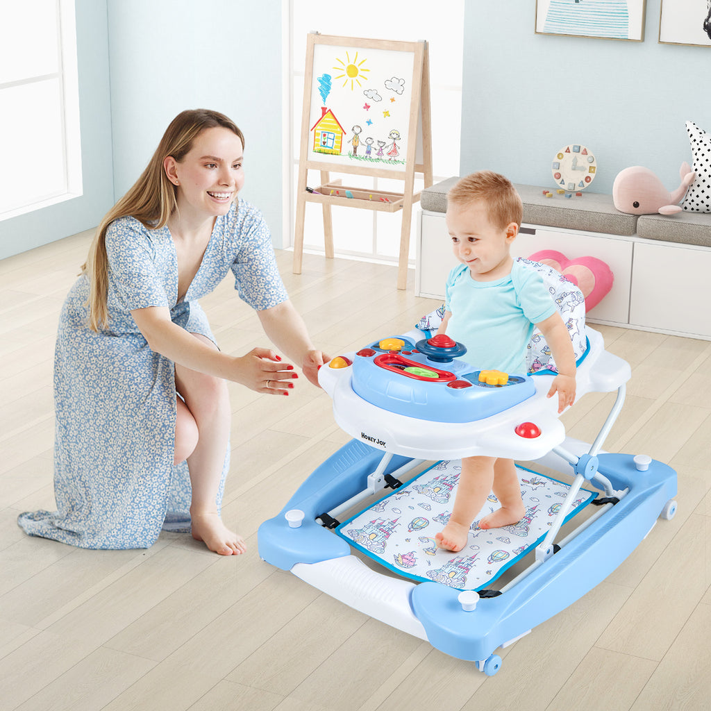 6-in-1 Foldable Baby Walker with Adjustable Height and Music Tray - Blue