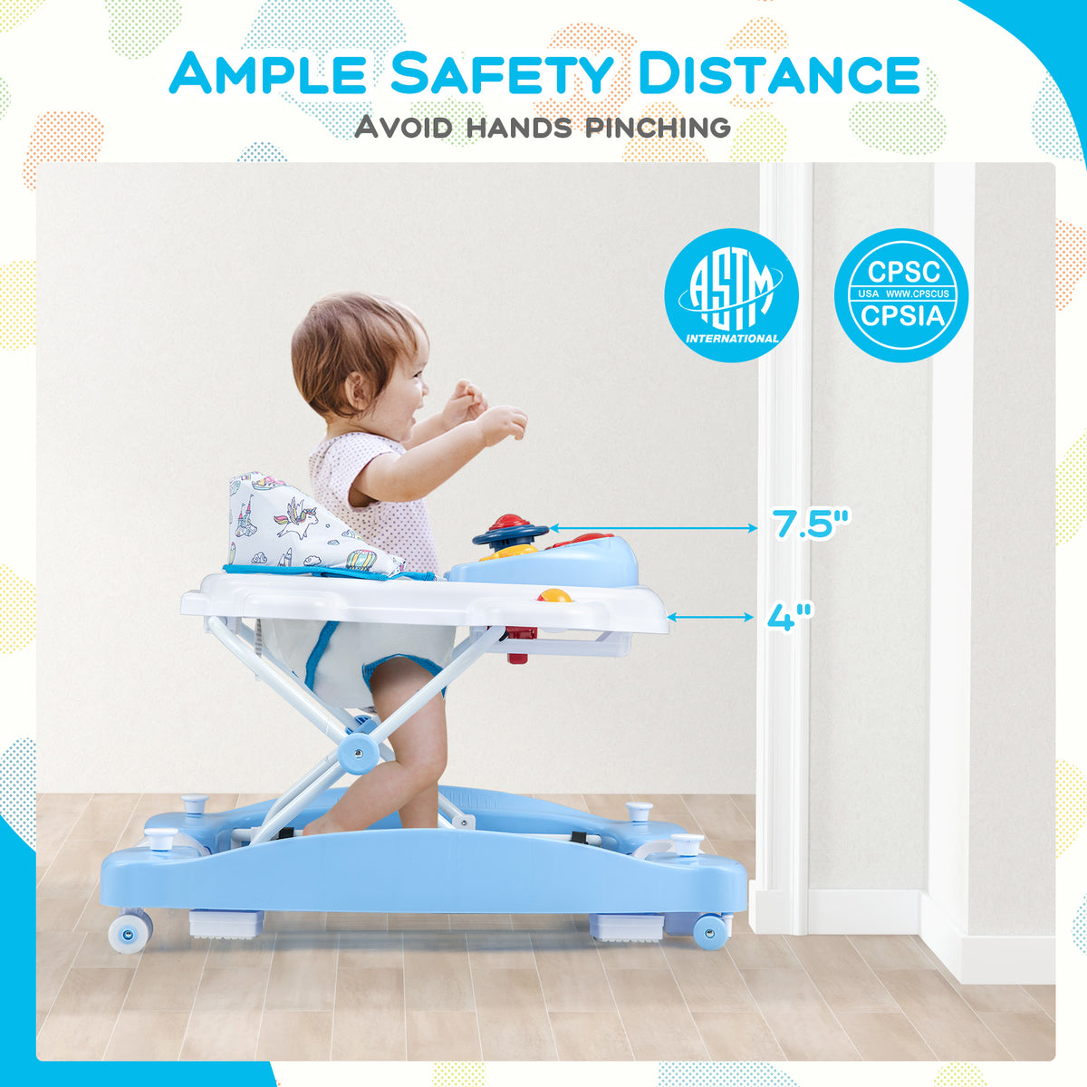 6-in-1 Foldable Baby Walker with Adjustable Height and Music Tray - Blue