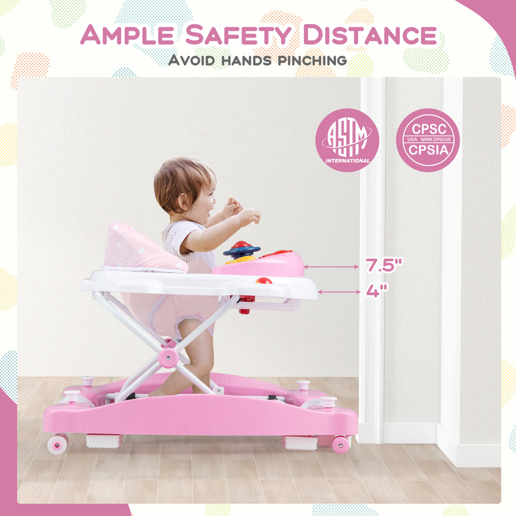 6-in-1 Foldable Baby Walker with Adjustable Height & Music Tray - Pink