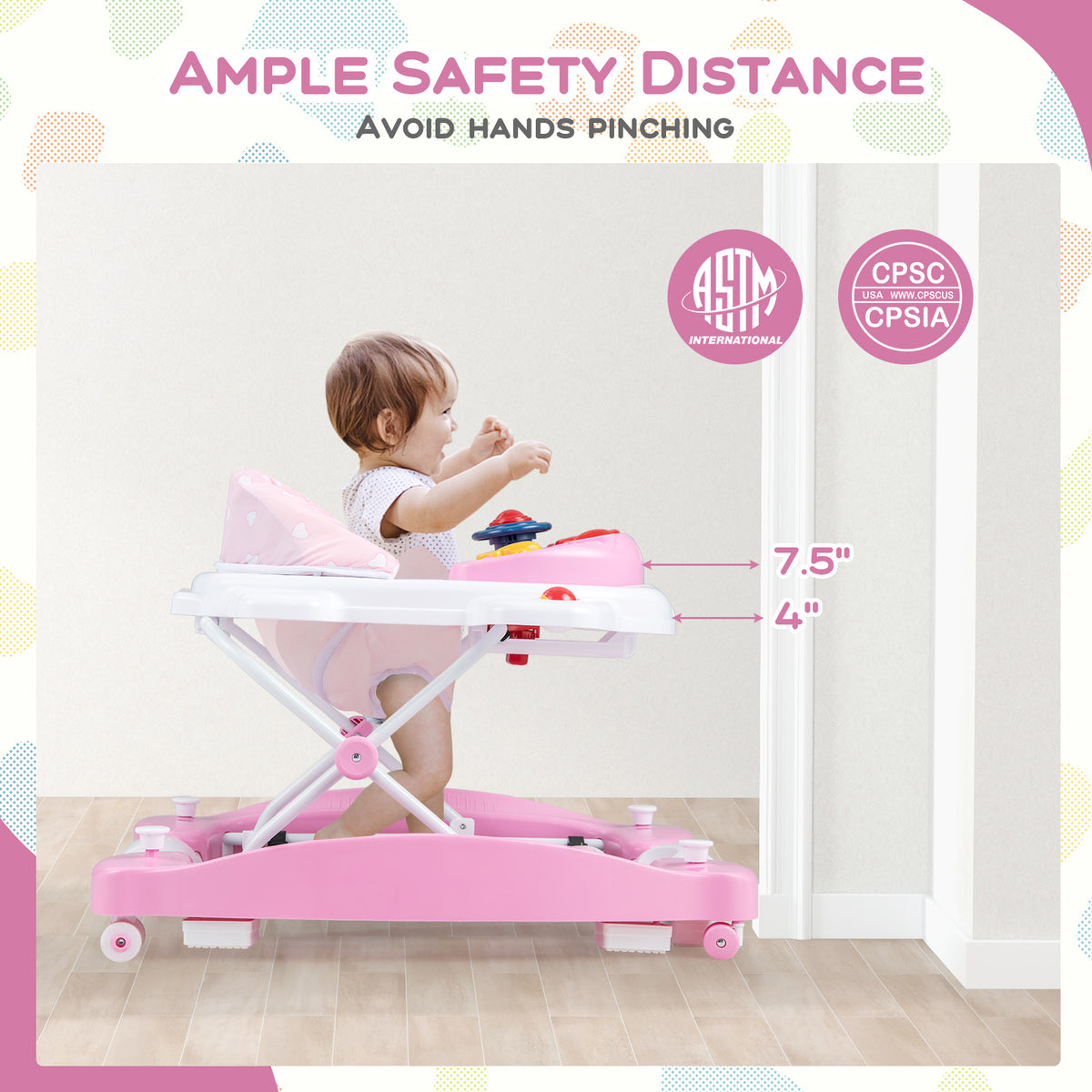 6-in-1 Foldable Baby Walker with Adjustable Height & Music Tray - Pink