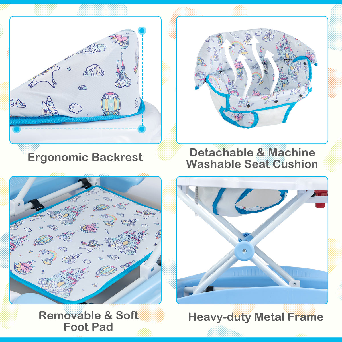 6-in-1 Foldable Baby Walker with Adjustable Height and Music Tray - Blue