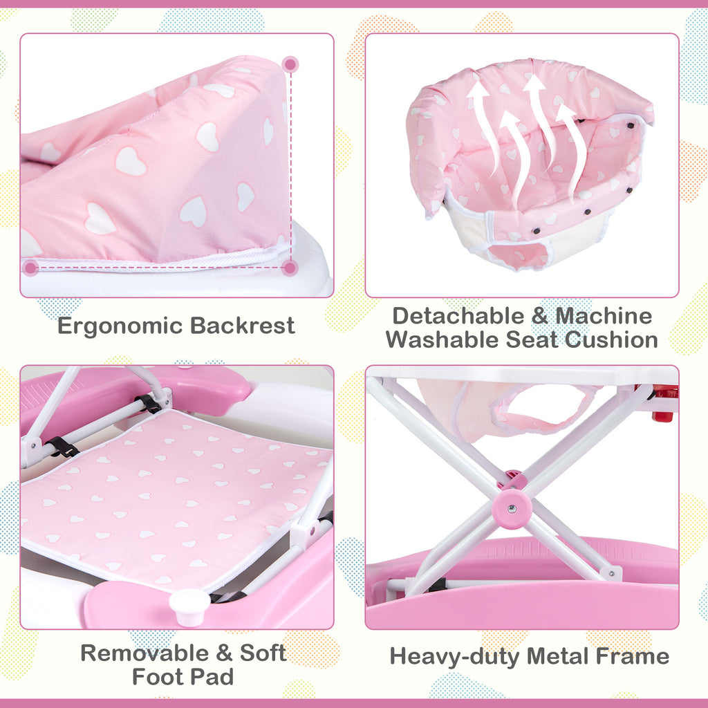 6-in-1 Foldable Baby Walker with Adjustable Height & Music Tray - Pink