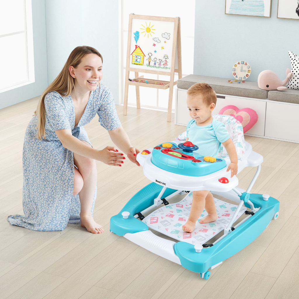 6-in-1 Foldable Baby Walker with Adjustable Height & Music Tray - Green