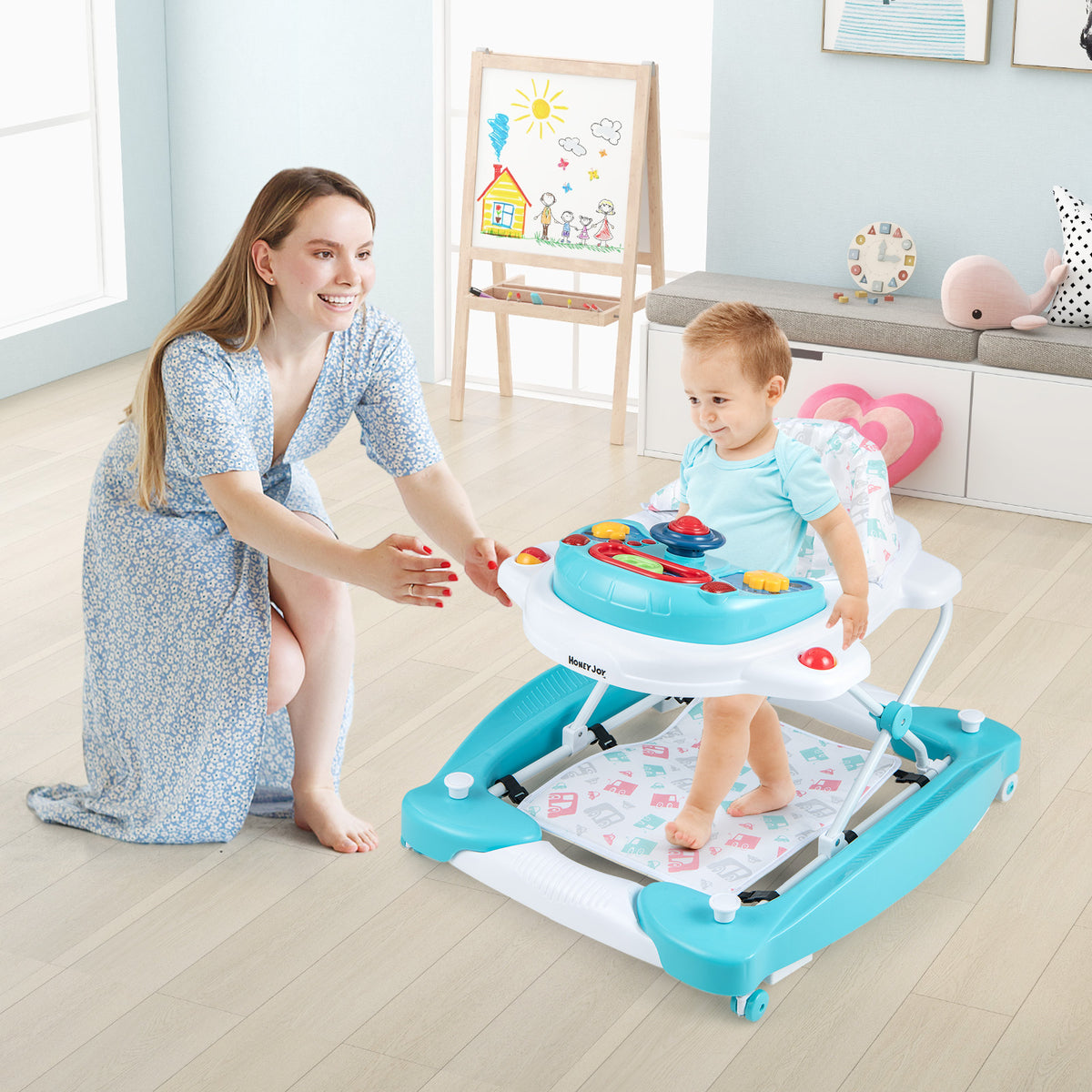 6-in-1 Foldable Baby Walker with Adjustable Height & Music Tray - Green