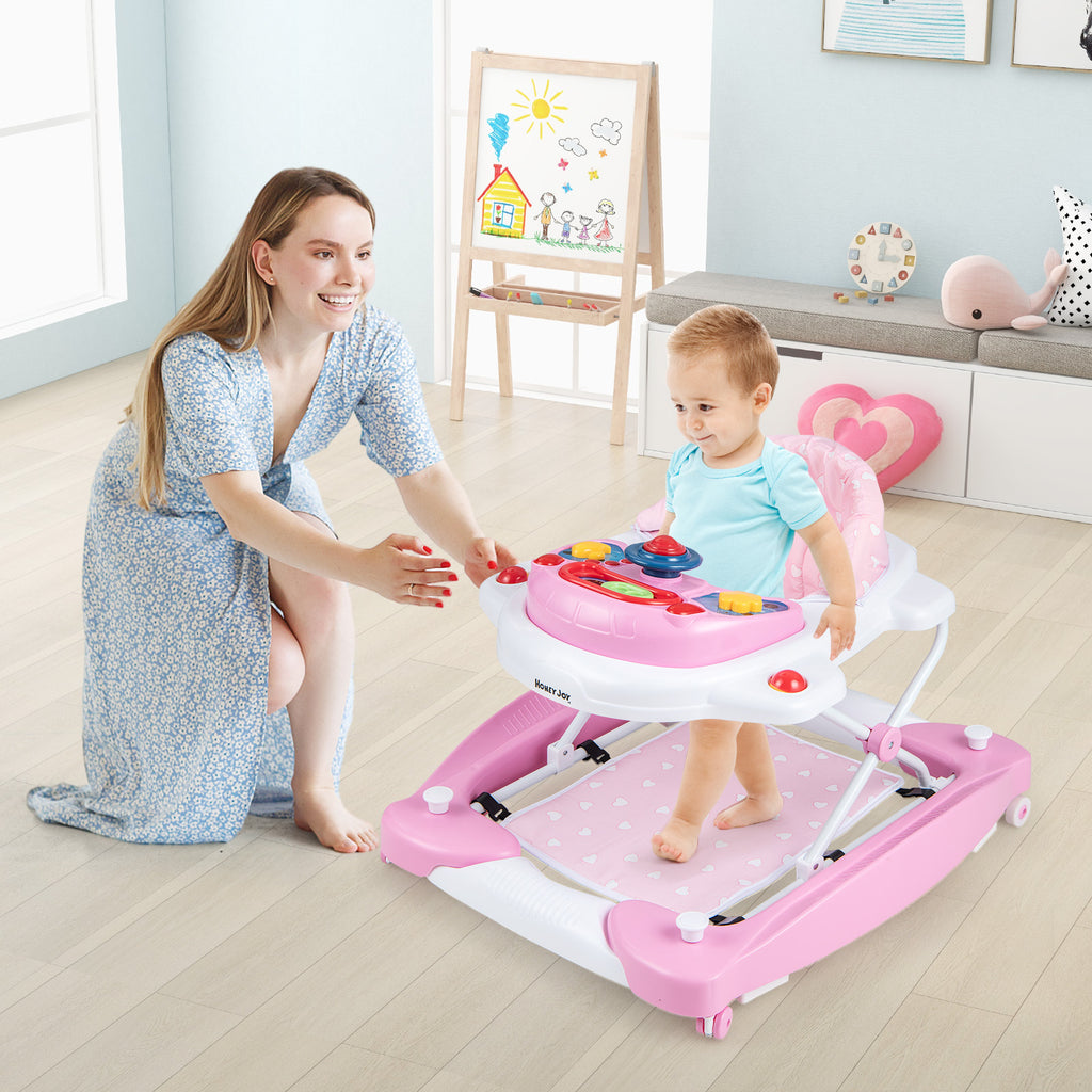 6-in-1 Foldable Baby Walker with Adjustable Height & Music Tray - Pink