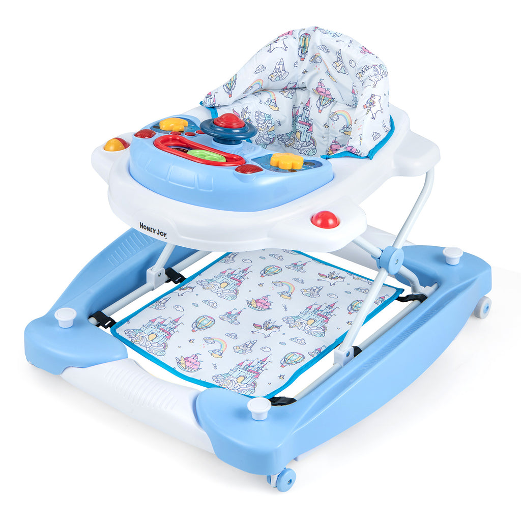6-in-1 Foldable Baby Walker with Adjustable Height and Music Tray - Blue