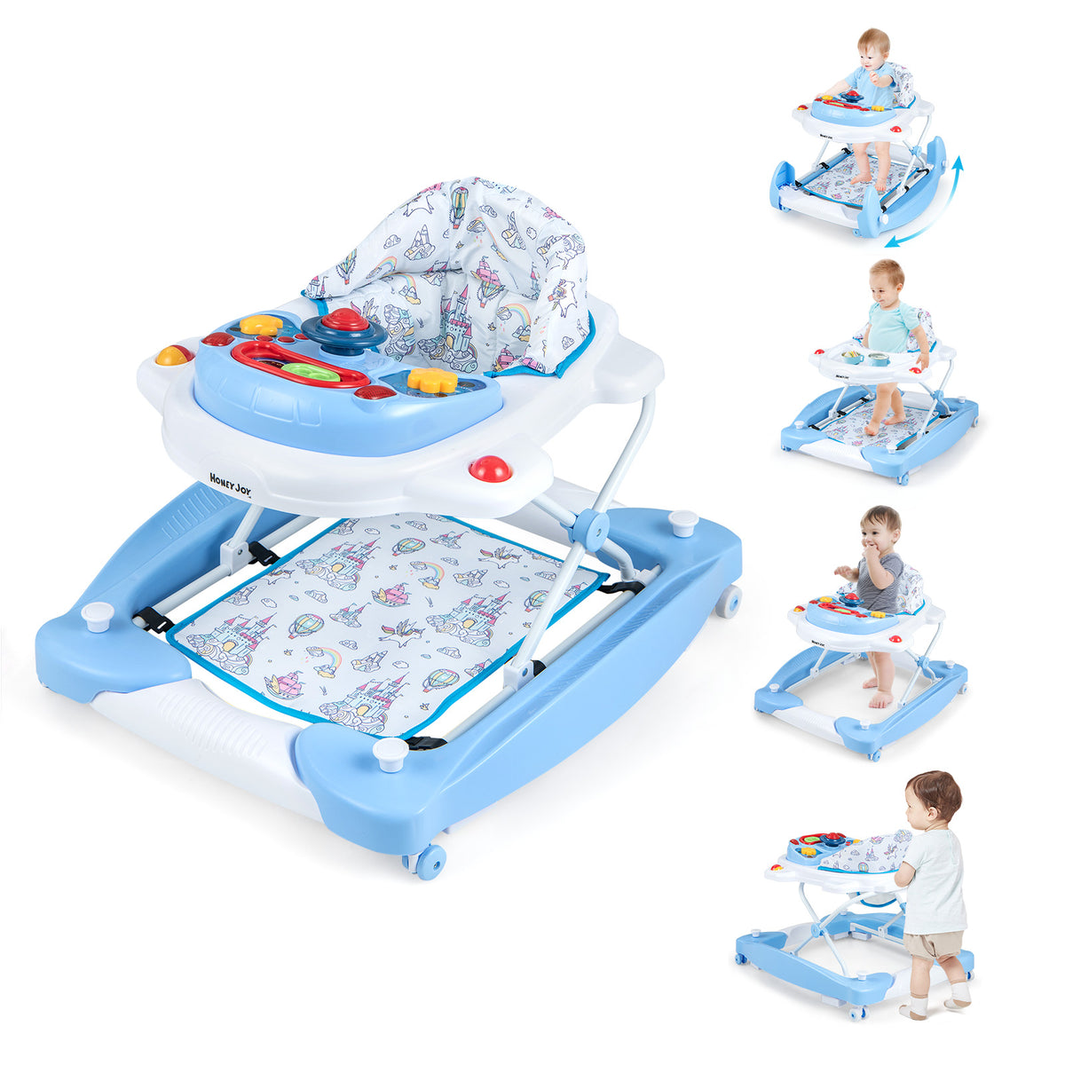6-in-1 Foldable Baby Walker with Adjustable Height and Music Tray - Blue