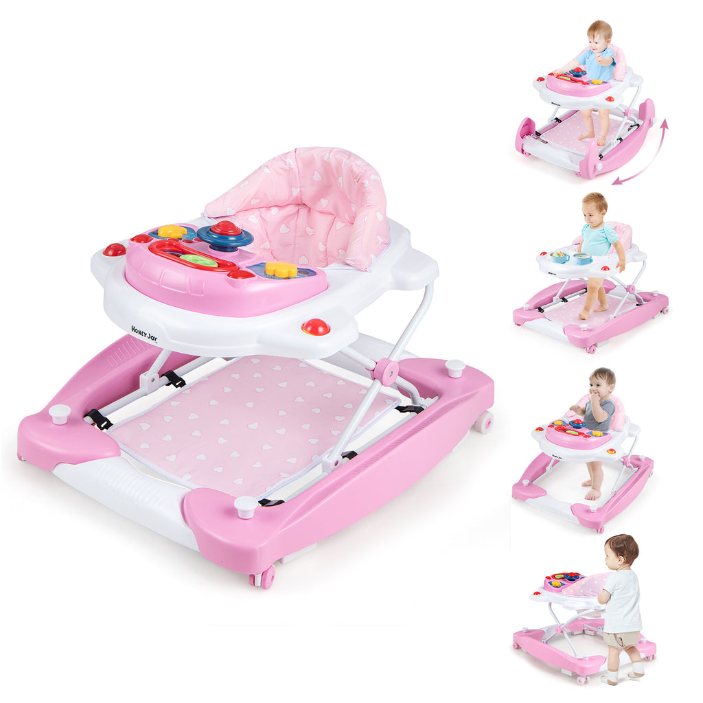 6-in-1 Foldable Baby Walker with Adjustable Height & Music Tray - Pink
