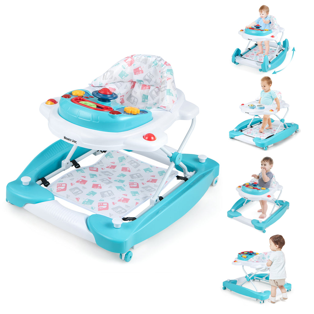 6-in-1 Foldable Baby Walker with Adjustable Height & Music Tray - Green