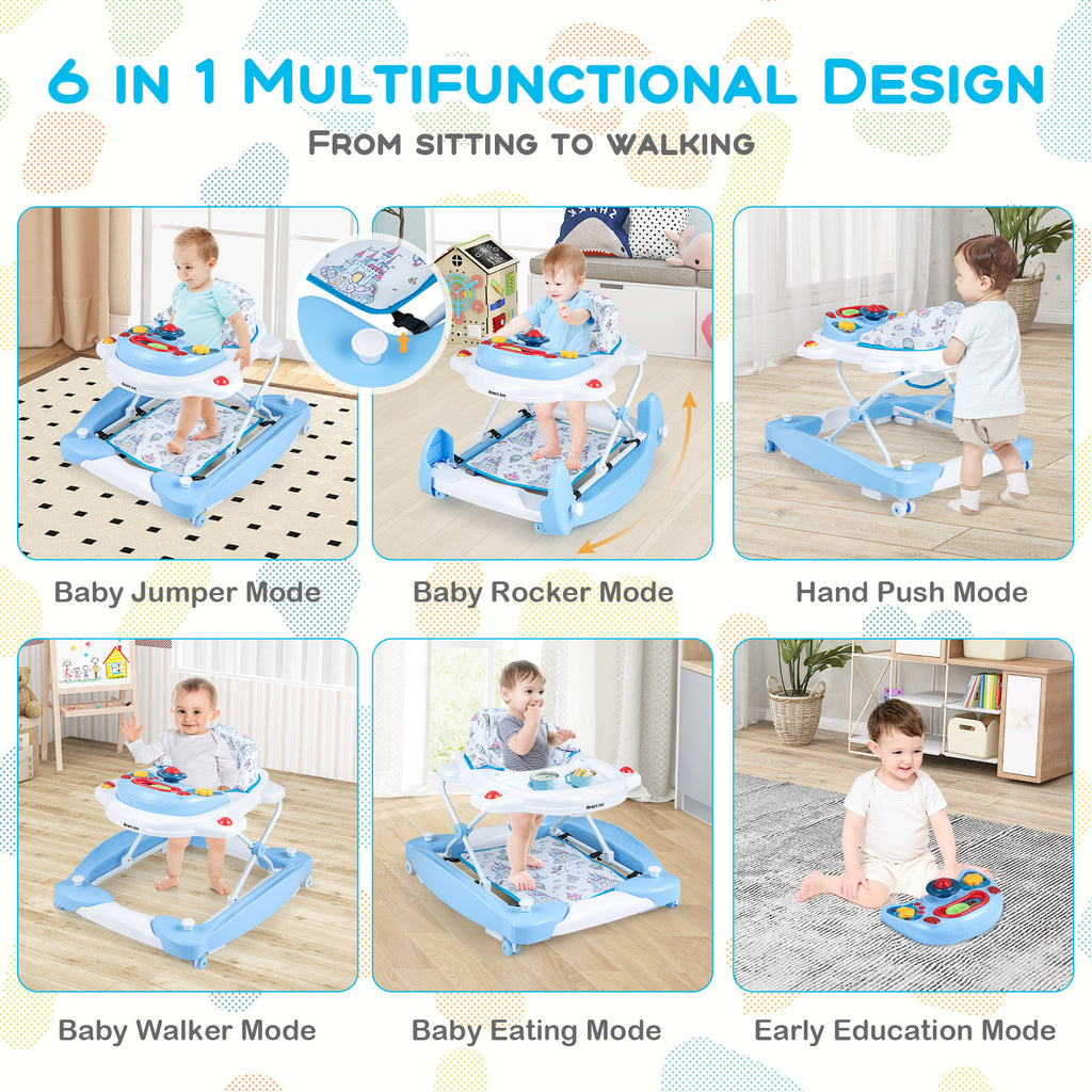 6-in-1 Foldable Baby Walker with Adjustable Height and Music Tray - Blue
