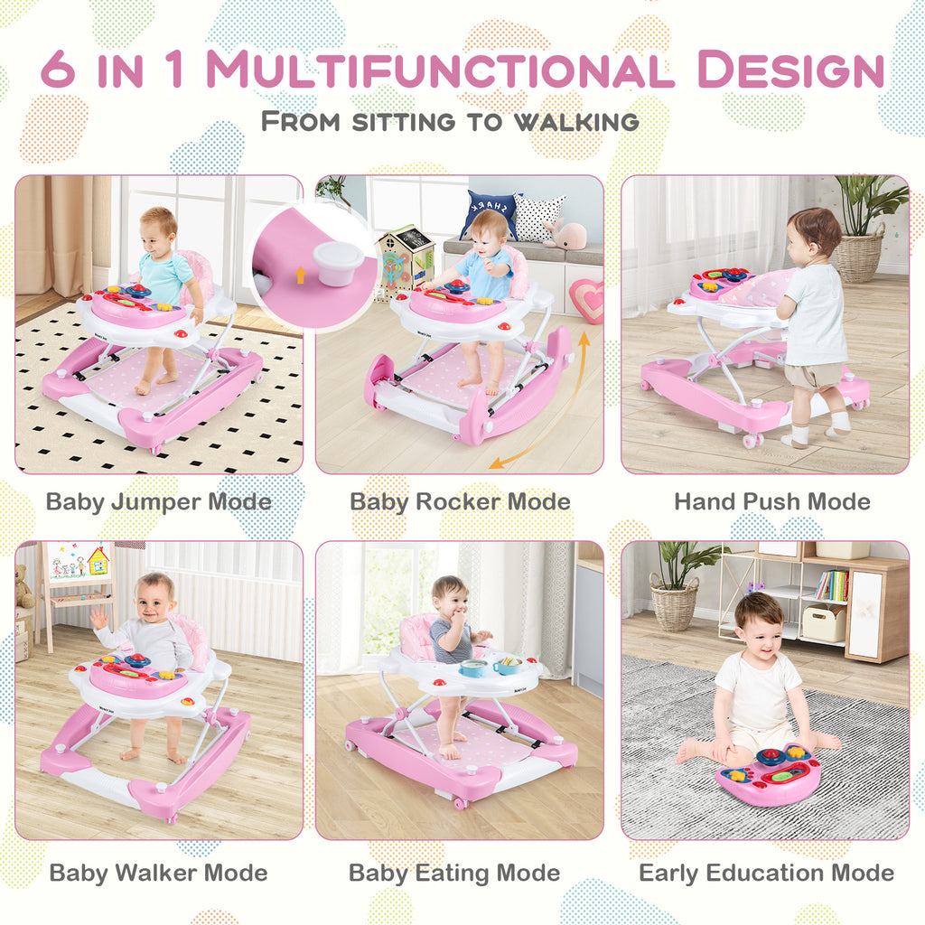 6-in-1 Foldable Baby Walker with Adjustable Height & Music Tray - Pink