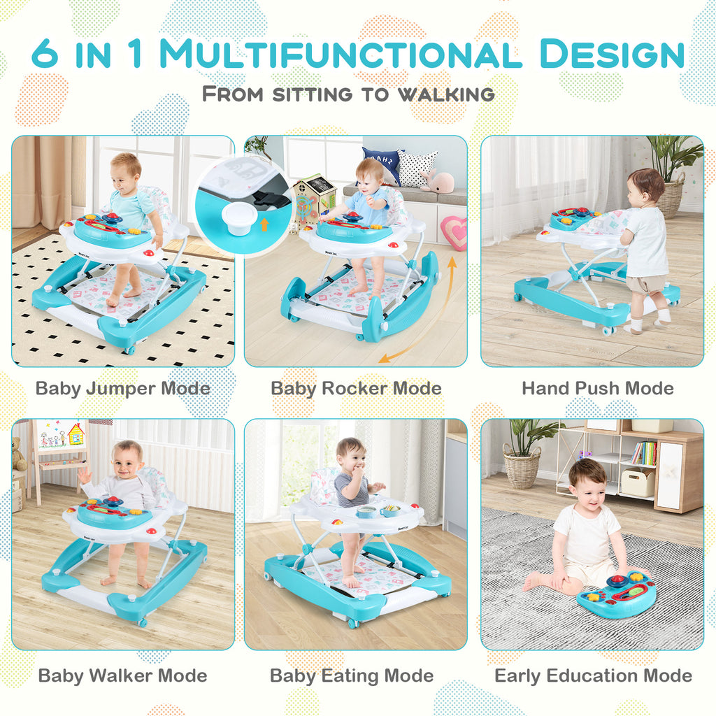 6-in-1 Foldable Baby Walker with Adjustable Height & Music Tray - Green