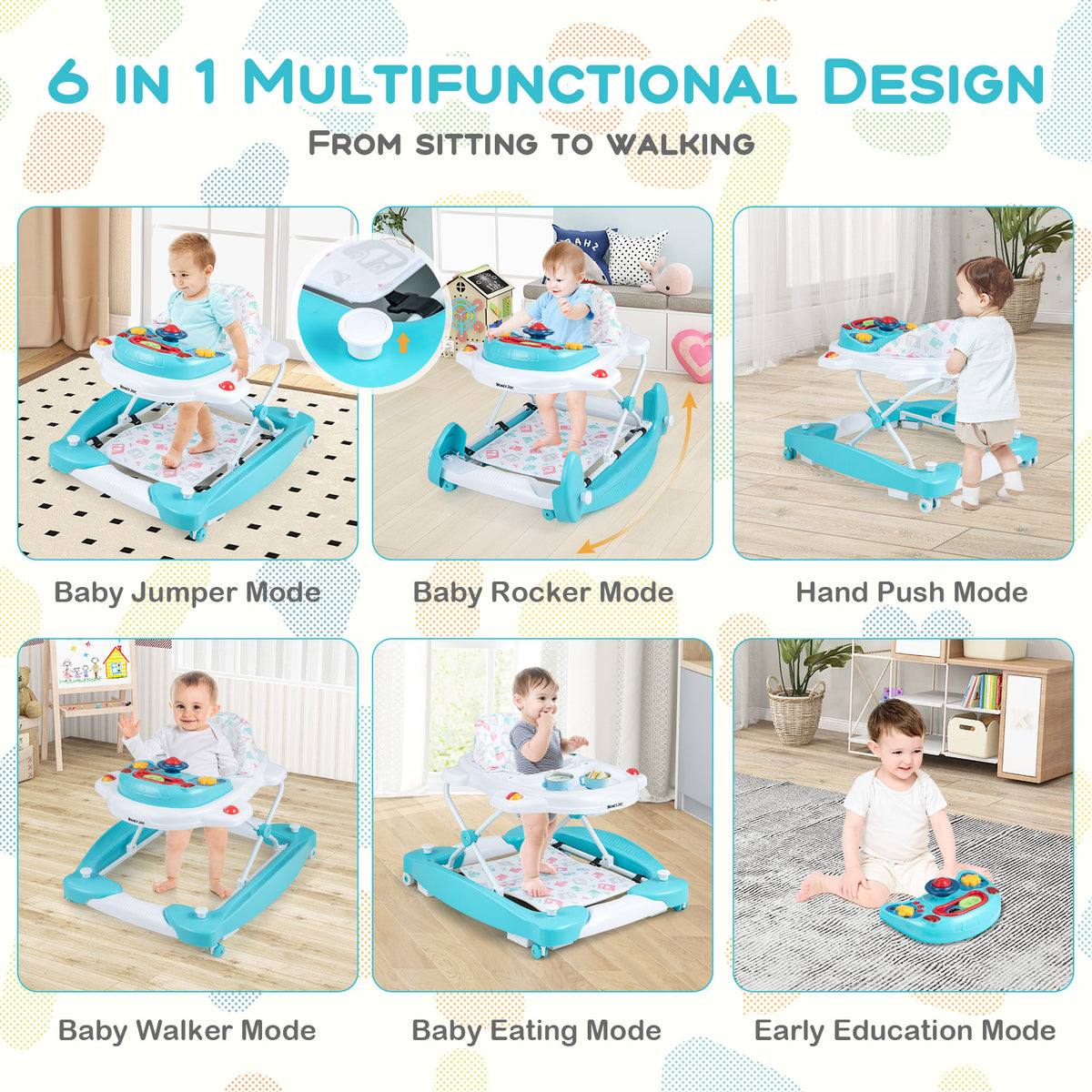 6-in-1 Foldable Baby Walker with Adjustable Height & Music Tray - Green