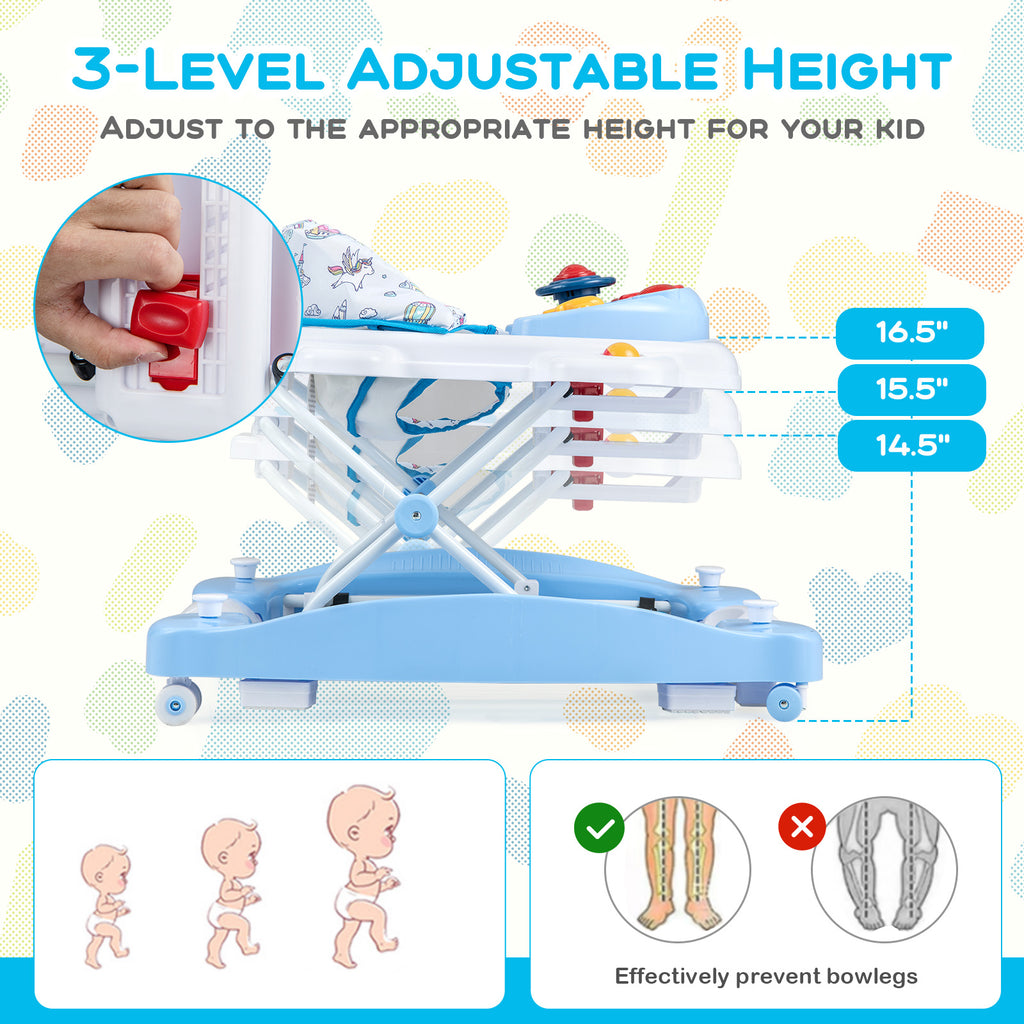 6-in-1 Foldable Baby Walker with Adjustable Height and Music Tray - Blue