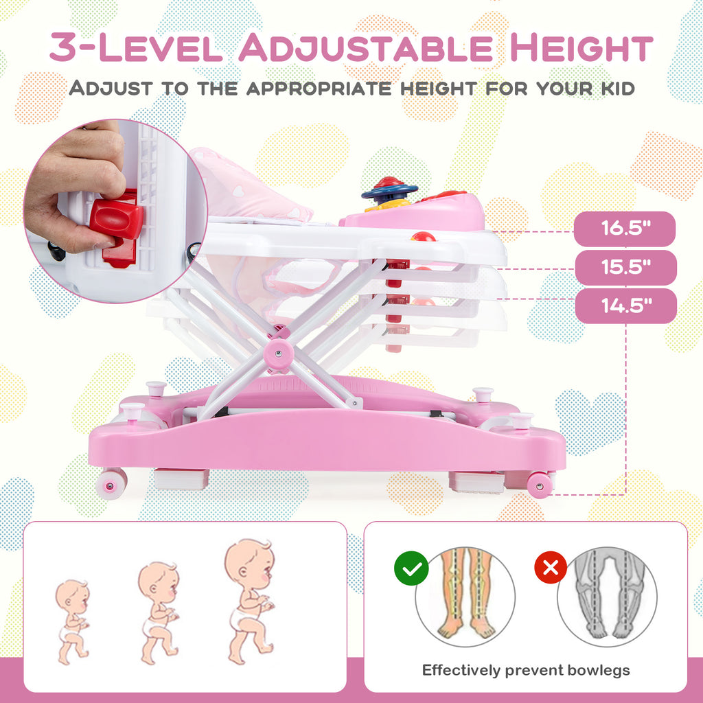 6-in-1 Foldable Baby Walker with Adjustable Height & Music Tray - Pink