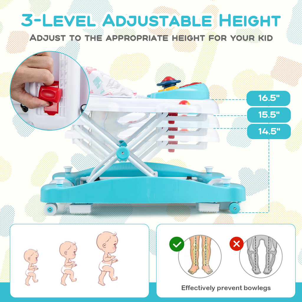 6-in-1 Foldable Baby Walker with Adjustable Height & Music Tray - Green