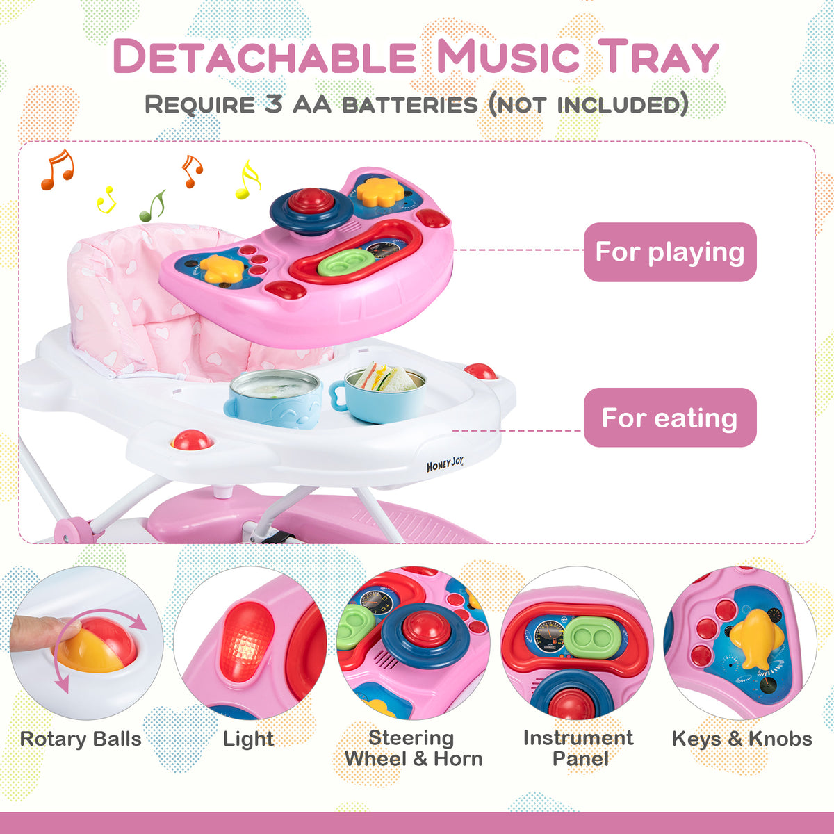 6-in-1 Foldable Baby Walker with Adjustable Height & Music Tray - Pink