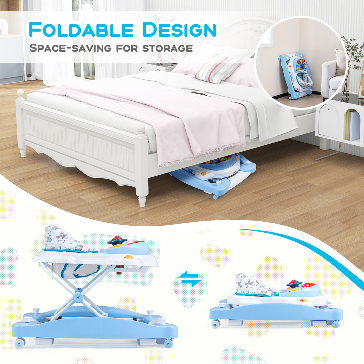 6-in-1 Foldable Baby Walker with Adjustable Height and Music Tray - Blue