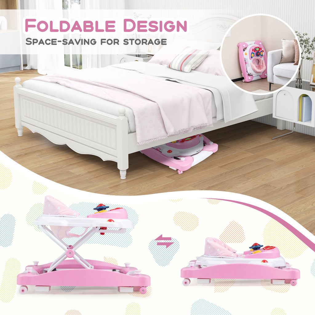 6-in-1 Foldable Baby Walker with Adjustable Height & Music Tray - Pink