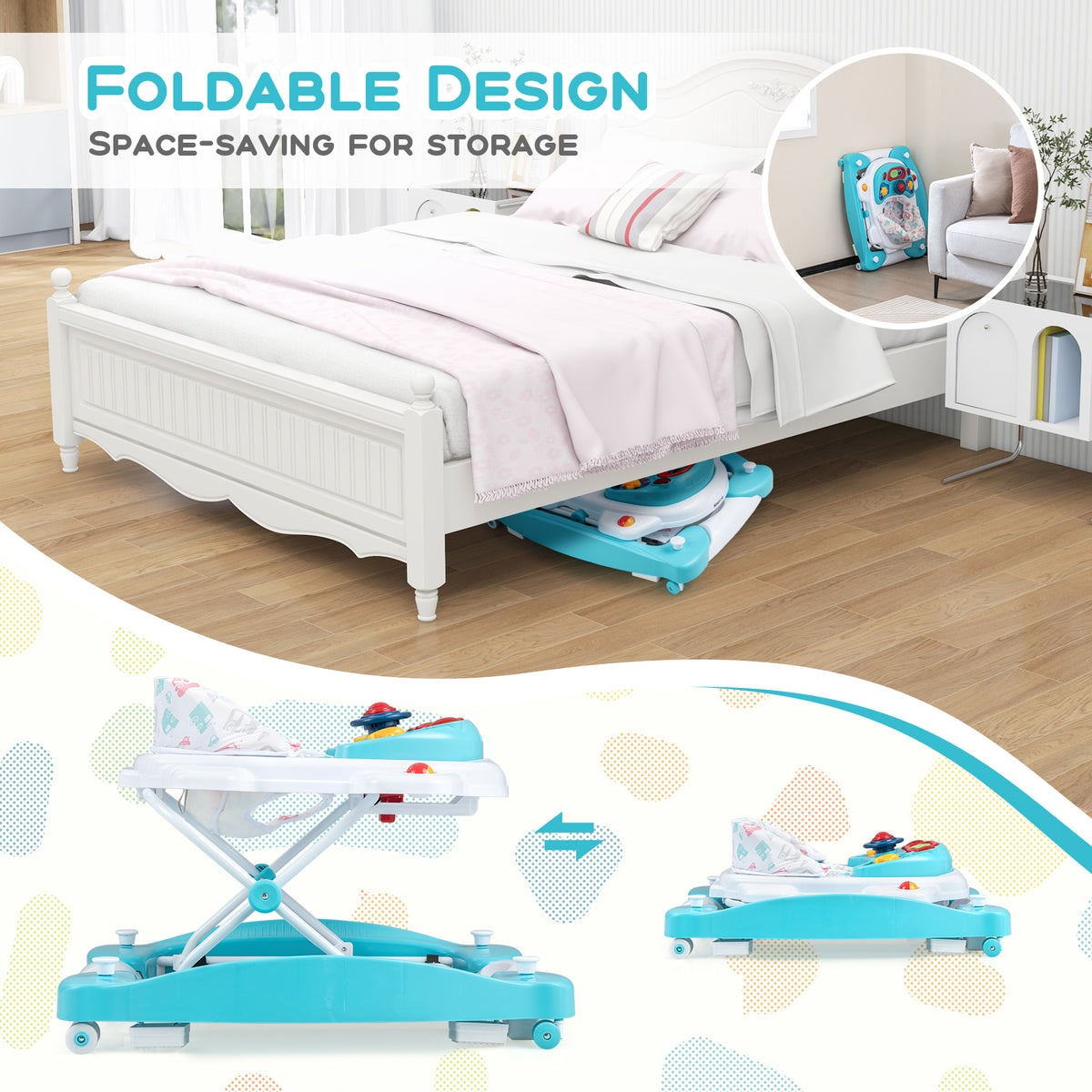 6-in-1 Foldable Baby Walker with Adjustable Height & Music Tray - Green