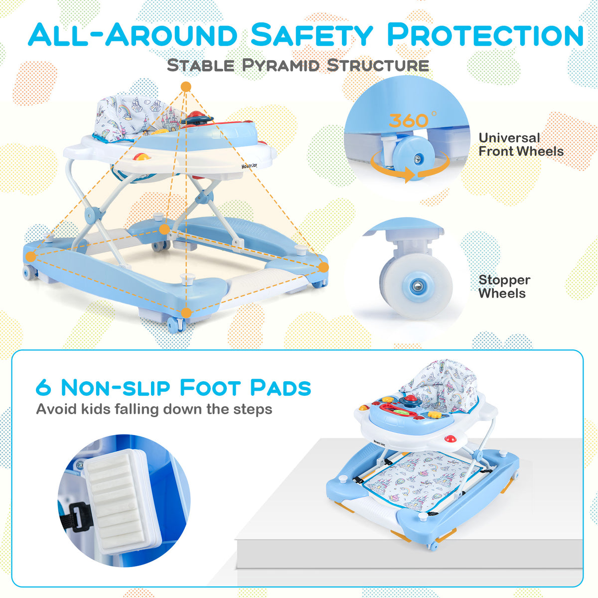 6-in-1 Foldable Baby Walker with Adjustable Height and Music Tray - Blue