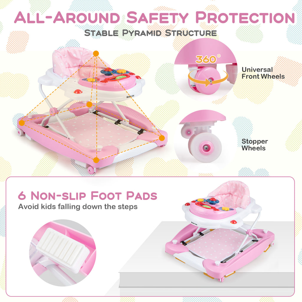 6-in-1 Foldable Baby Walker with Adjustable Height & Music Tray - Pink
