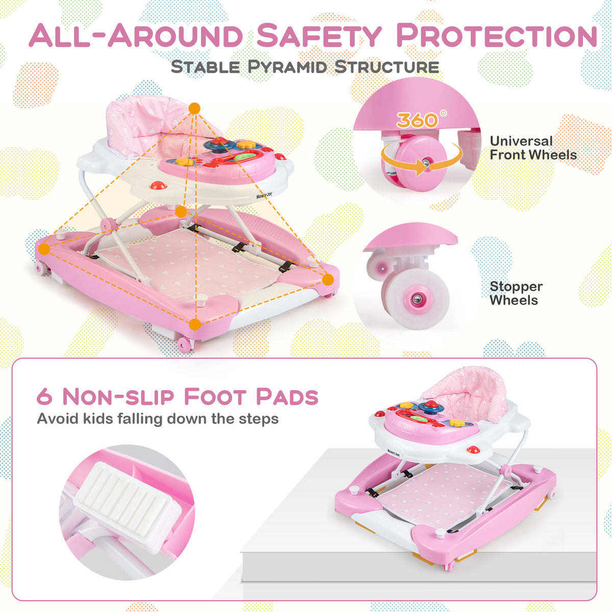6-in-1 Foldable Baby Walker with Adjustable Height & Music Tray - Pink