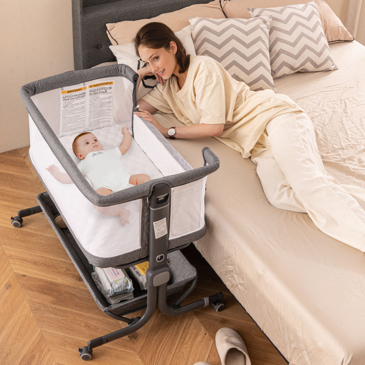 Baby Bassinet Bedside Sleeper Gray with 6-Level Adjustable Height - Style B