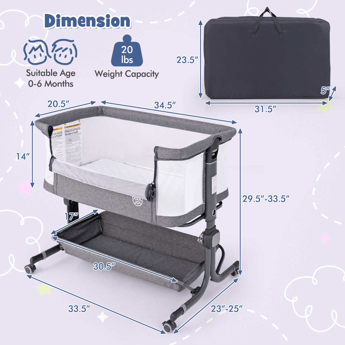 Baby Bassinet Bedside Sleeper Gray with 6-Level Adjustable Height - Style B