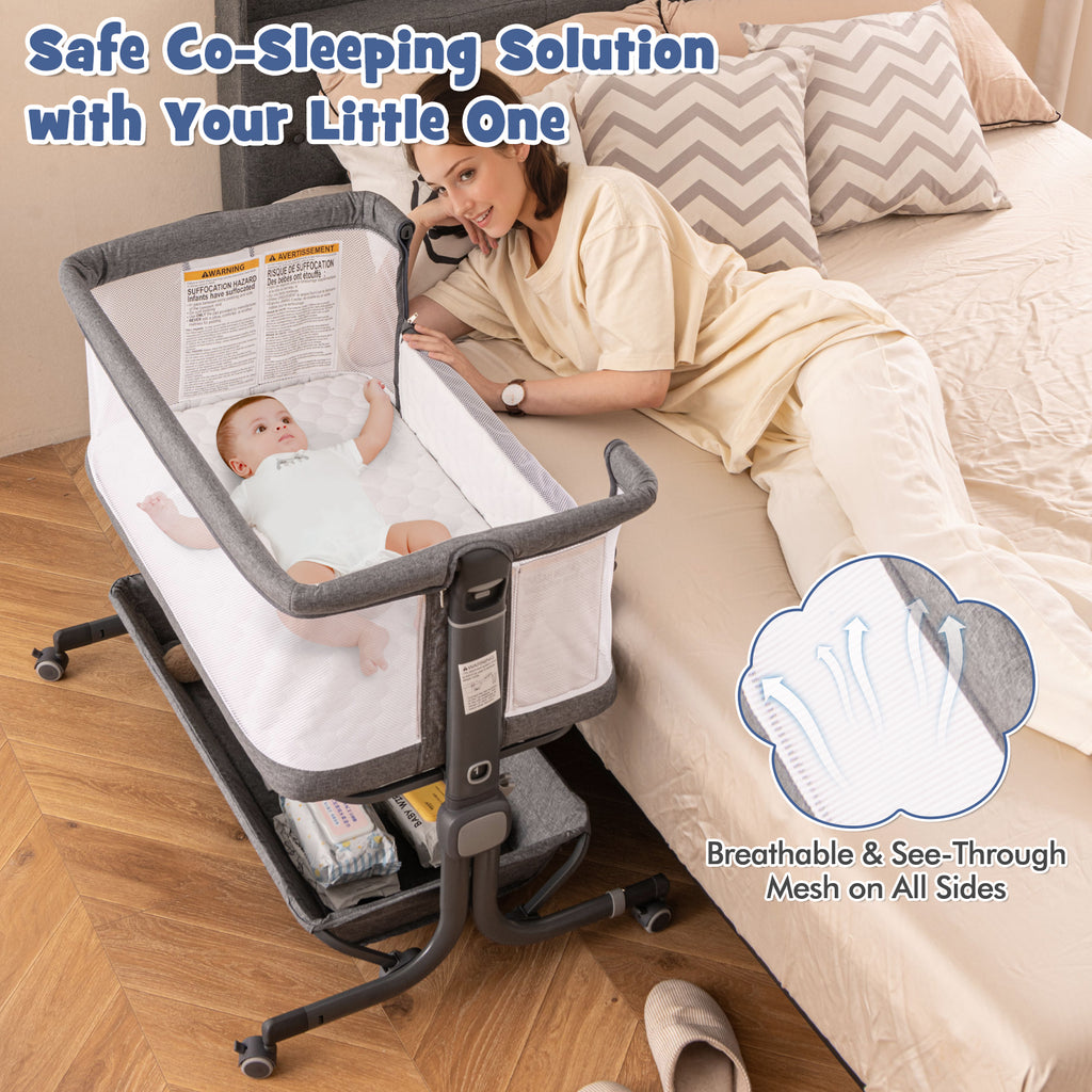 Baby Bassinet Bedside Sleeper Gray with 6-Level Adjustable Height - Style B